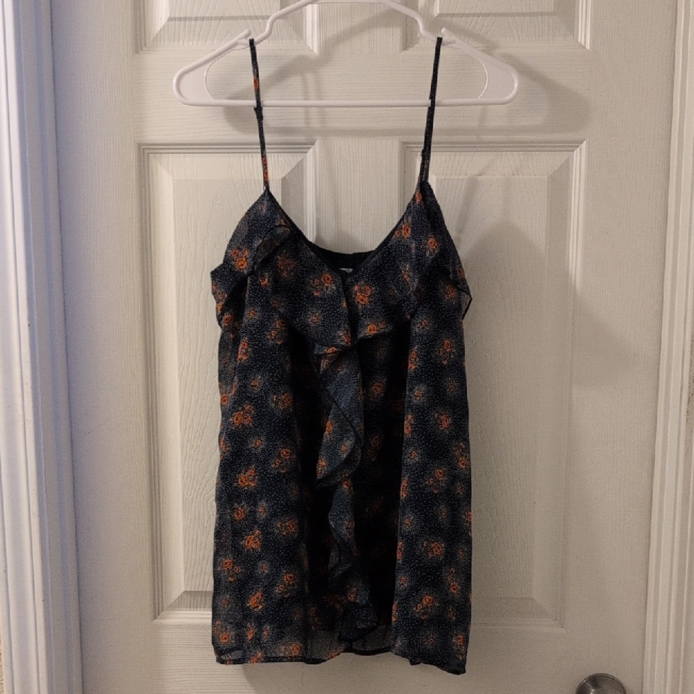 Xhilaration Navy and Orange Ruffled Tank